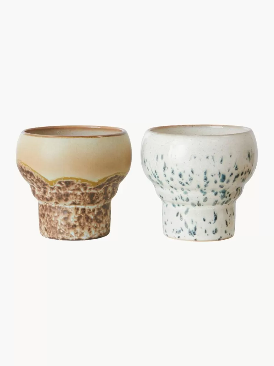 Tassen-HKLIVING Handgefertigte Becher 70's aus Steinzeug, 2er-Set Beigetöne, Weiß, Hellblau
