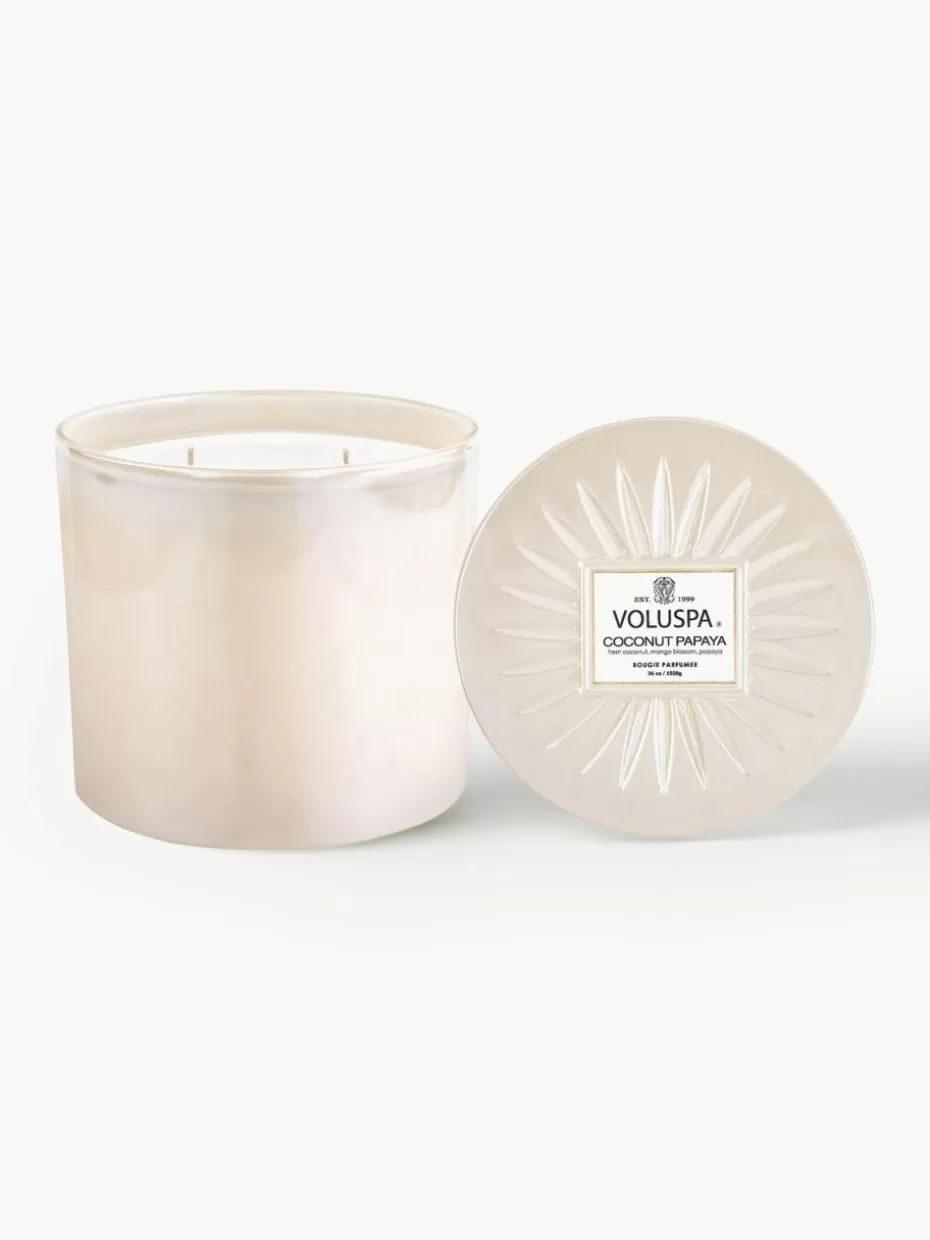 Romantische Details | Duftkerzen-Voluspa Handgefertigte Dreidocht-Duftkerze Bougie Parfumee (Kokosnuss, Mangoblüte & Papaya) Frische Kokosnuss, Mangoblüte & Papaya