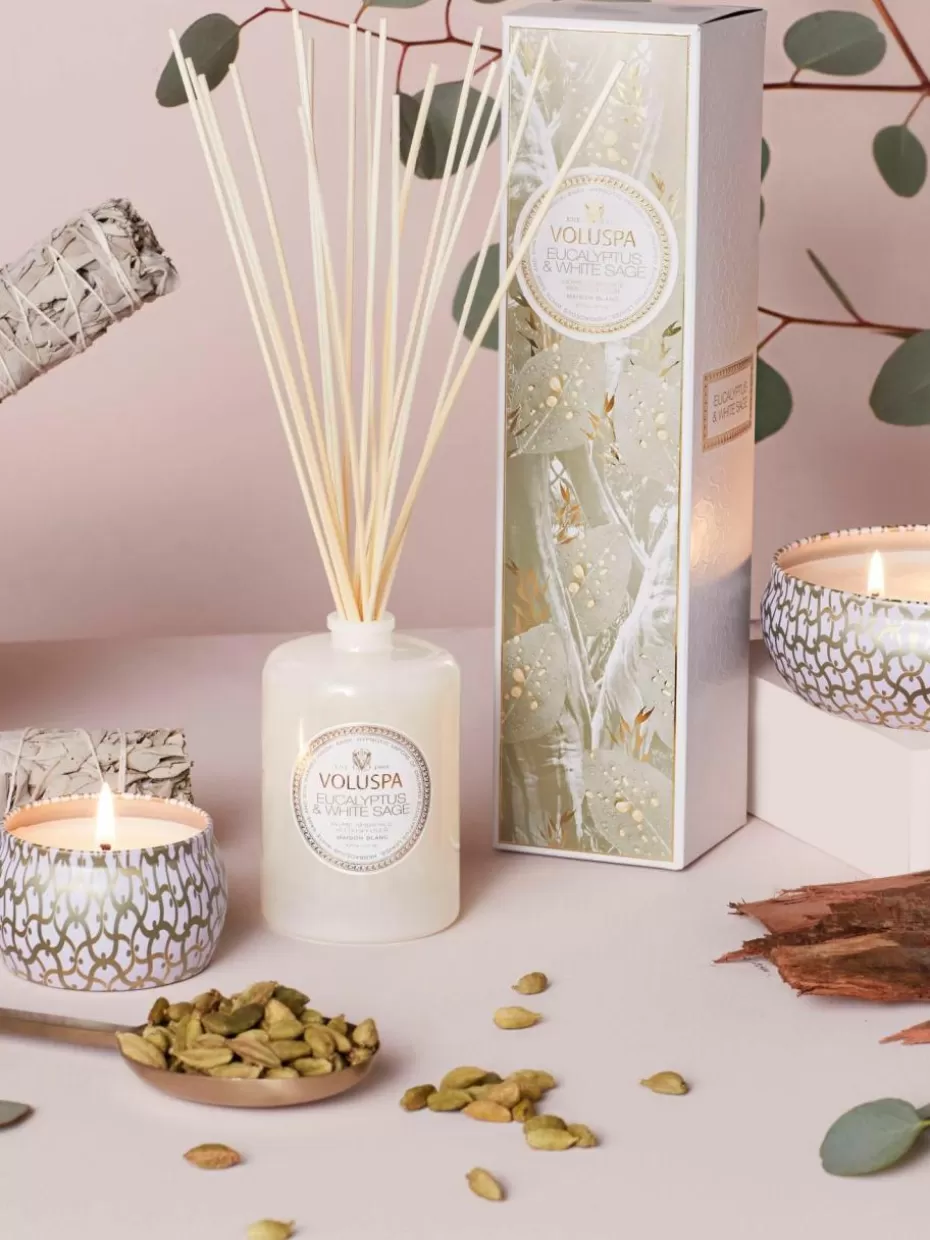 Duftkerzen-Voluspa Handgefertigte Duftkerze Maison Blanc (Eukalyptus, Kardamom, Salbei & Hinoki Rinde)