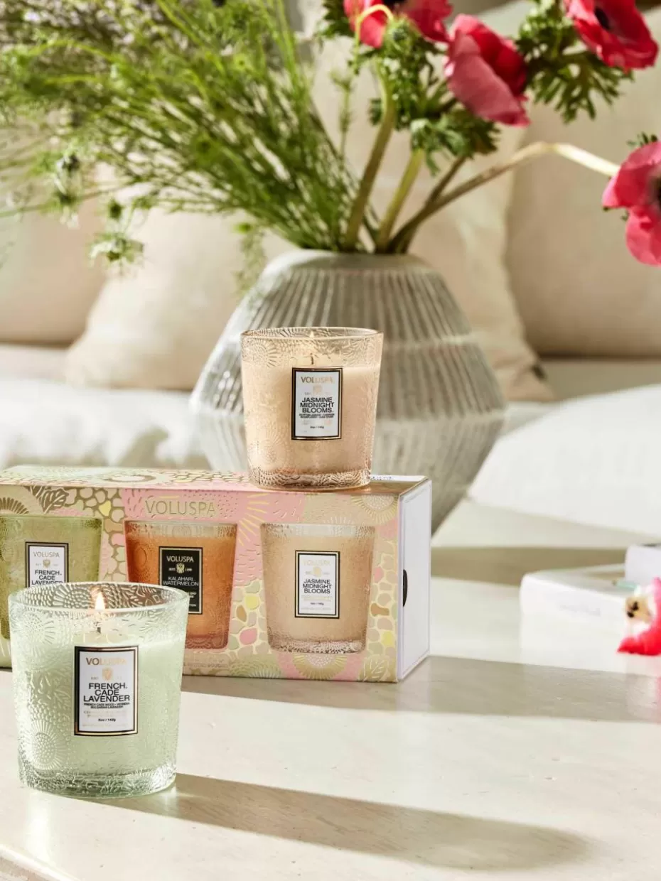 Duftkerzen-Voluspa Handgefertigte Duftkerzen Home Refresh Demi, 3er-Set Verschiedene Duftrichtungen