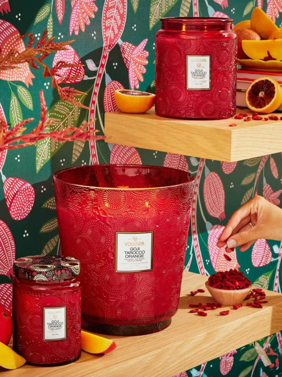 Weihnachtskerzen & Kerzenhalter | Festliche Eleganz-Voluspa Handgefertigte Fünfdocht-Duftkerze Japonica Collection (Goji-Beere, Mango & Tarocco Orange) Goji-Beere, reife Mango & Tarocco Orange