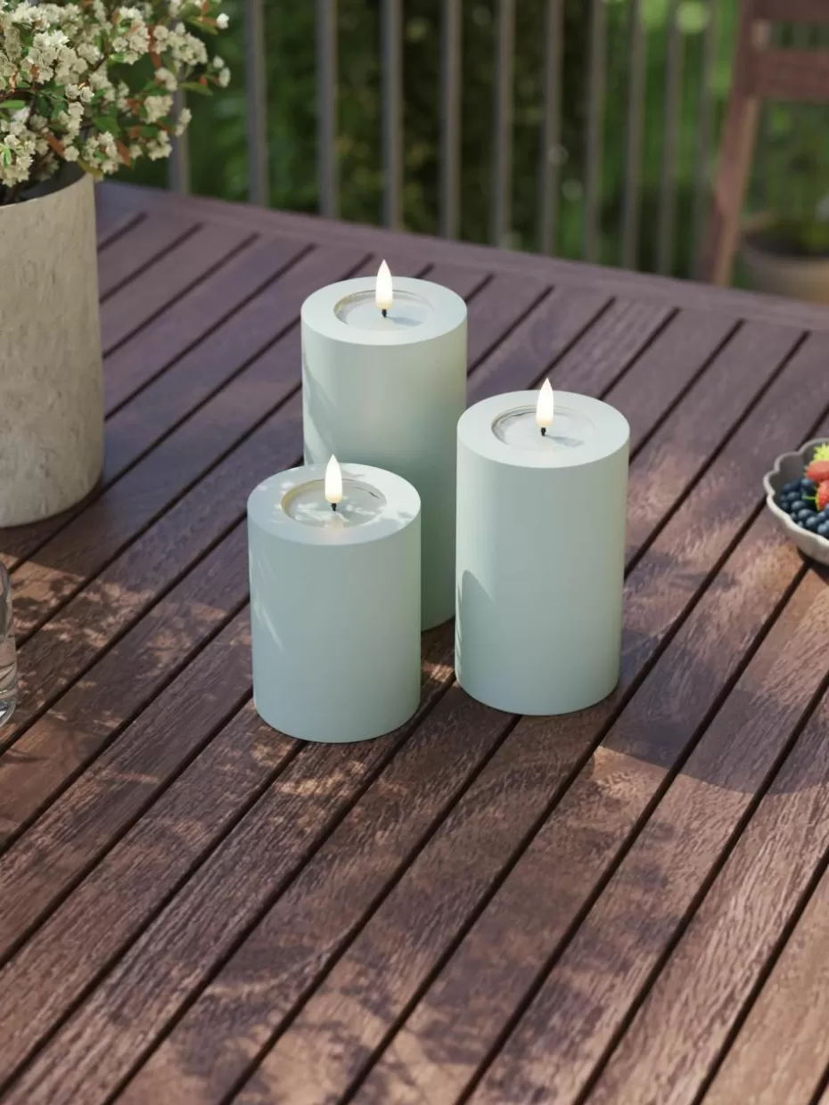 Kerzen-Deluxe Homeart Handgefertigte LED-Kerze Real Flame, H 10 cm Salbeigrün