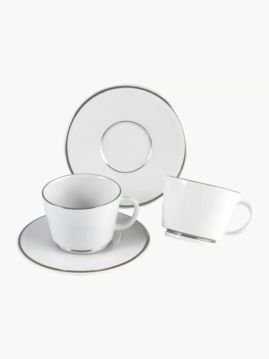 Tassen-Meissen Handgefertigte Porzellan-Espressotassen Vitruv mit Untertassen und handgemaltem Platinrand, 2 Stück