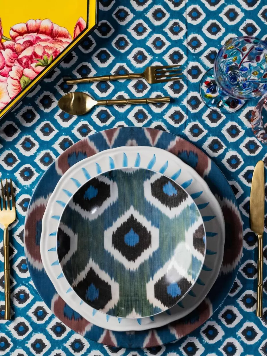 Servierplatten & Schüsseln-Les Ottomans Handgefertigte Porzellan-Servierschale Ikat Petrol, Schwarz, Weiß