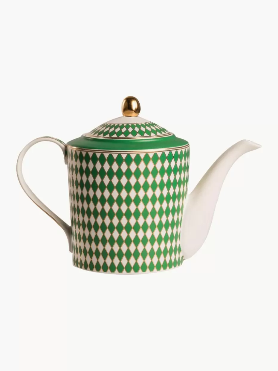Kannen & Karaffen-Pols Potten Handgefertigte Porzellan-Teekanne Chess, 1.1 L Grün, Off White, Goldfarben