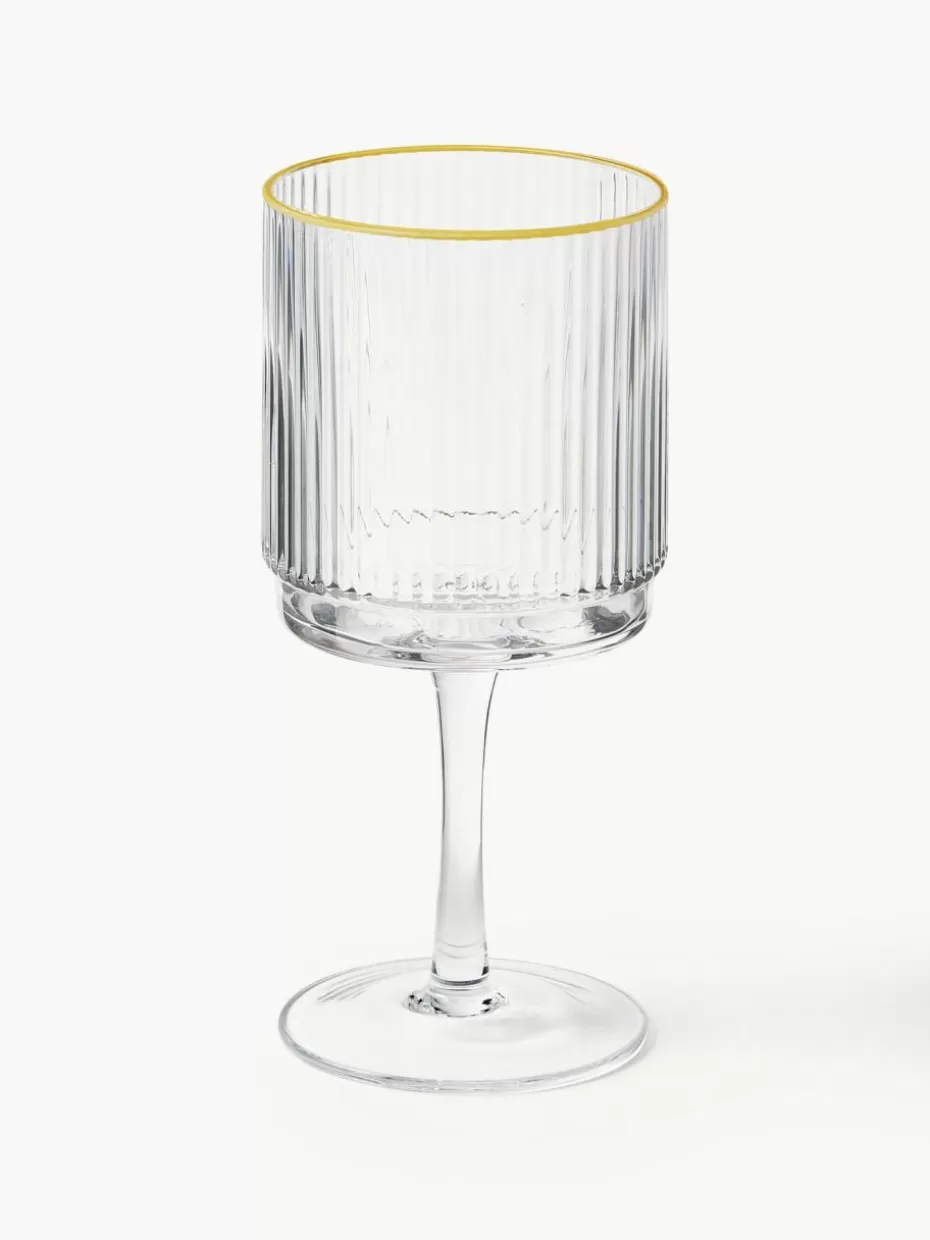 Weingläser-Westwing Collection Handgefertigte Weingläser Minna mit Rillenrelief und Goldrand, 4 Stück Transparent mit Goldrand