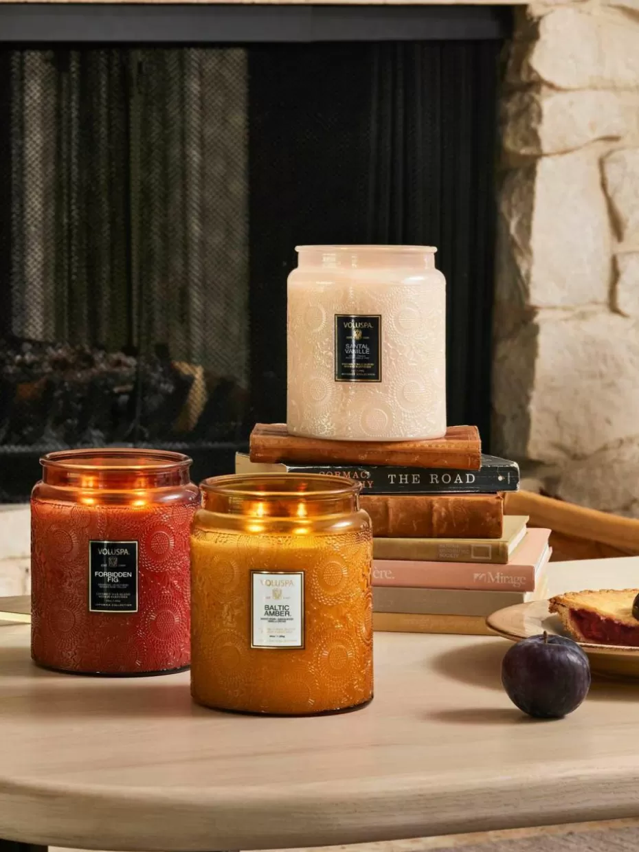 Duftkerzen-Voluspa Handgefertigte Zweidocht-Duftkerze Japonica Collection (Santal, Bourbon-Vanille & Oud) Santal, französische Bourbon-Vanille & Oud