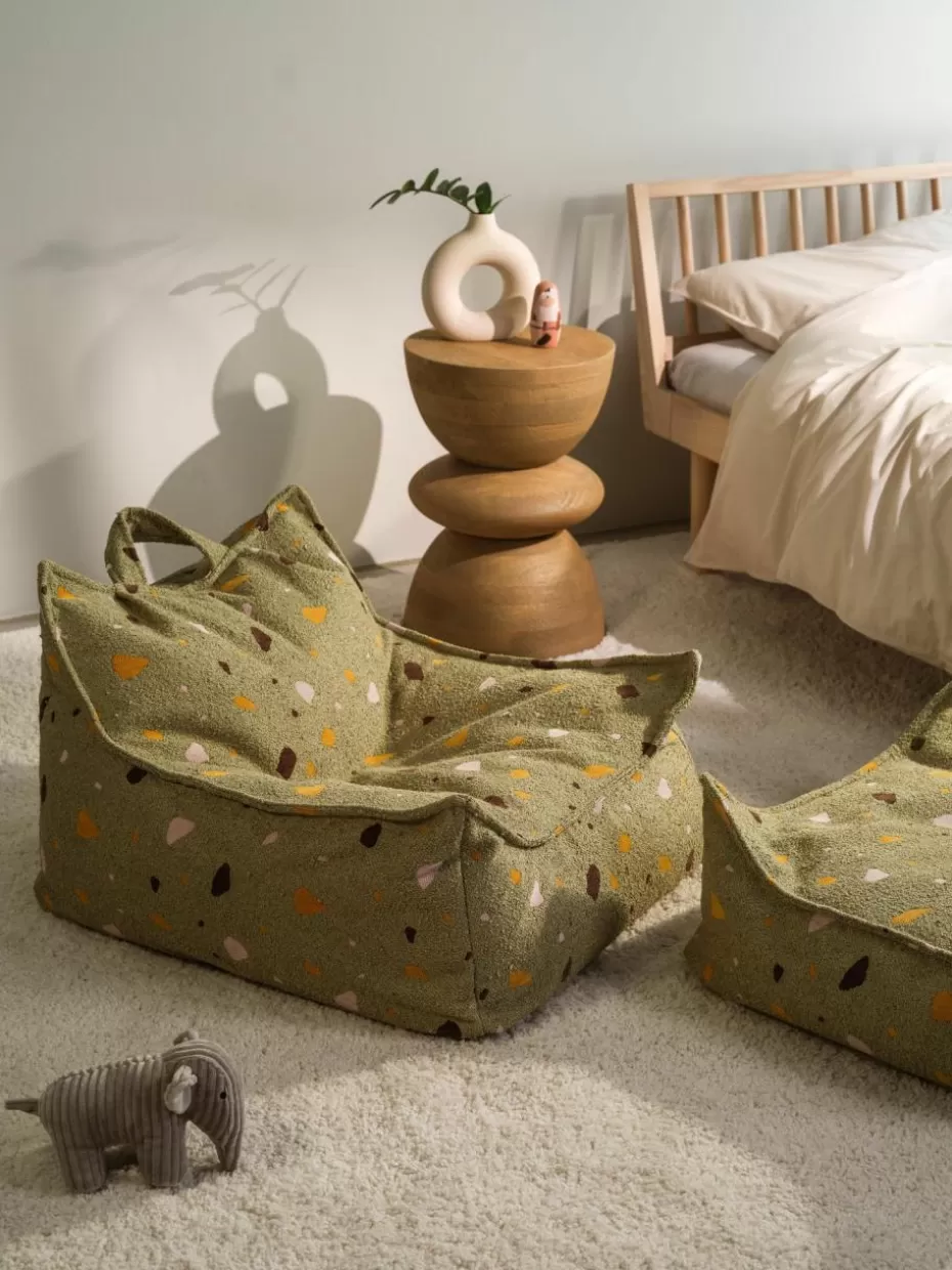 Sitzsäcke-Wigiwama Handgefertigter Kinder-Sitzsack Sugar aus Bouclé Bouclé Olivgrün, Terrazzo-Optik