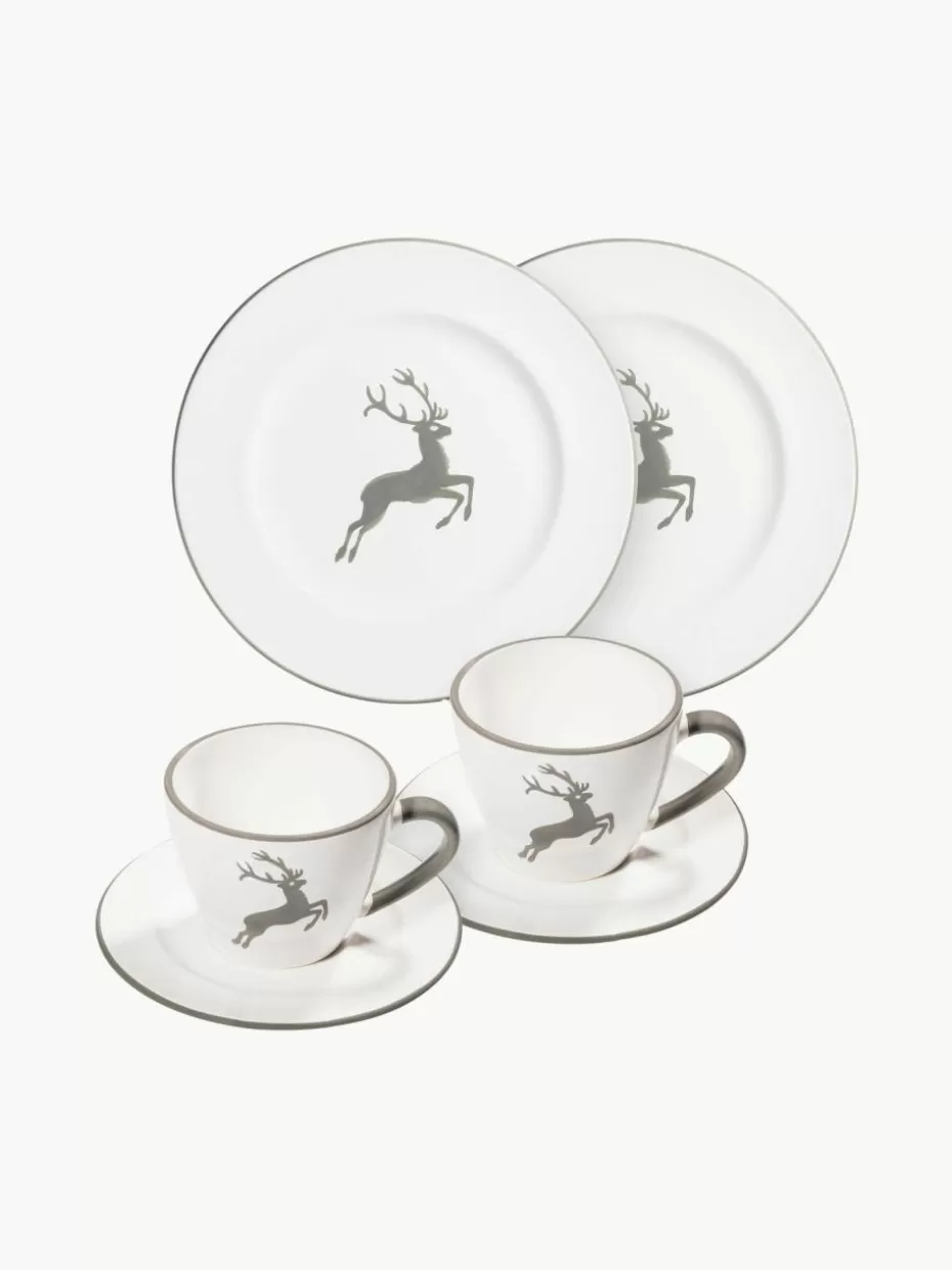 Weihnachtsgeschirr | Geschirr-Sets-Gmundner Keramik Handgefertigtes Kaffeeservice Grauer Hirsch, 2 Personen (6-tlg.) Weiß, Grau