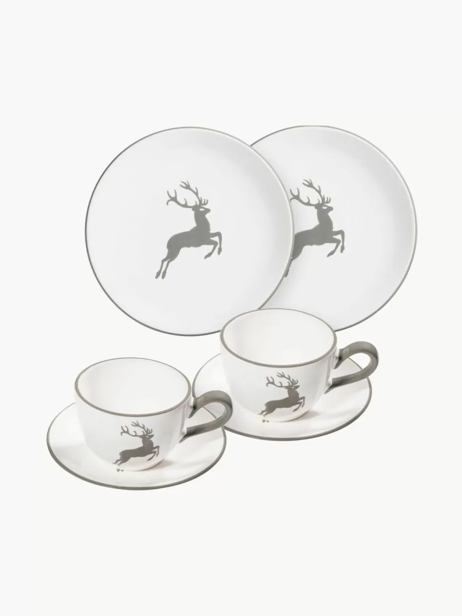 Weihnachtsgeschirr | Geschirr-Sets-Gmundner Keramik Handgefertigtes Kaffeeservice Grauer Hirsch, 2 Personen (6-tlg.) Weiß, Grau