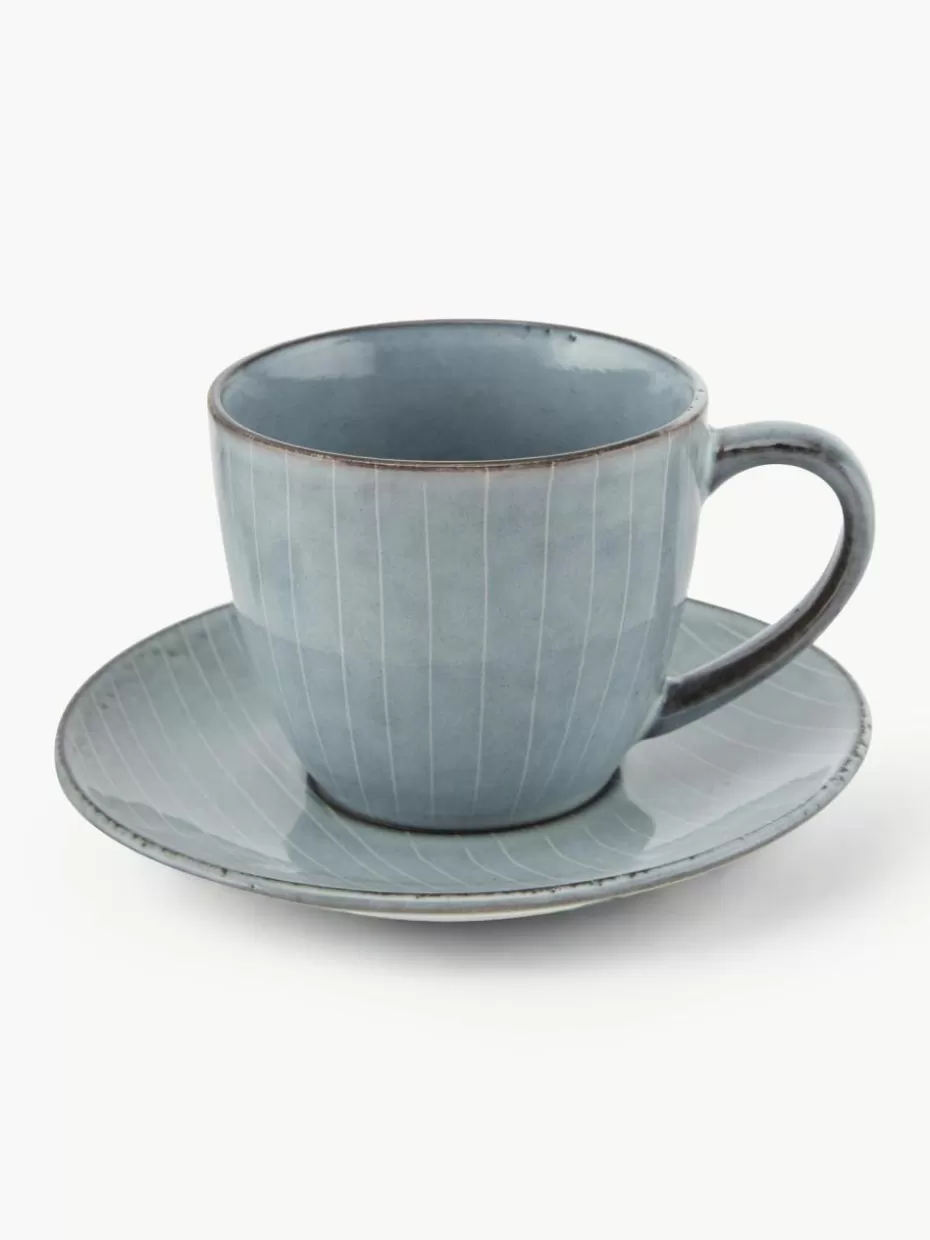 Tassen | Geschirrserien-Broste Copenhagen Handgemachte Kaffeetasse Nordic Sea mit Untertasse Graublau, gesprenkelt