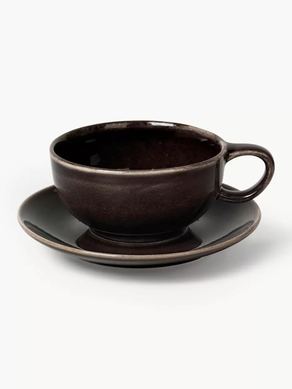 Tassen | Geschirrserien-Broste Copenhagen Handgemachte Teetasse Nordic Coal mit Untertasse Schwarz, gesprenkelt