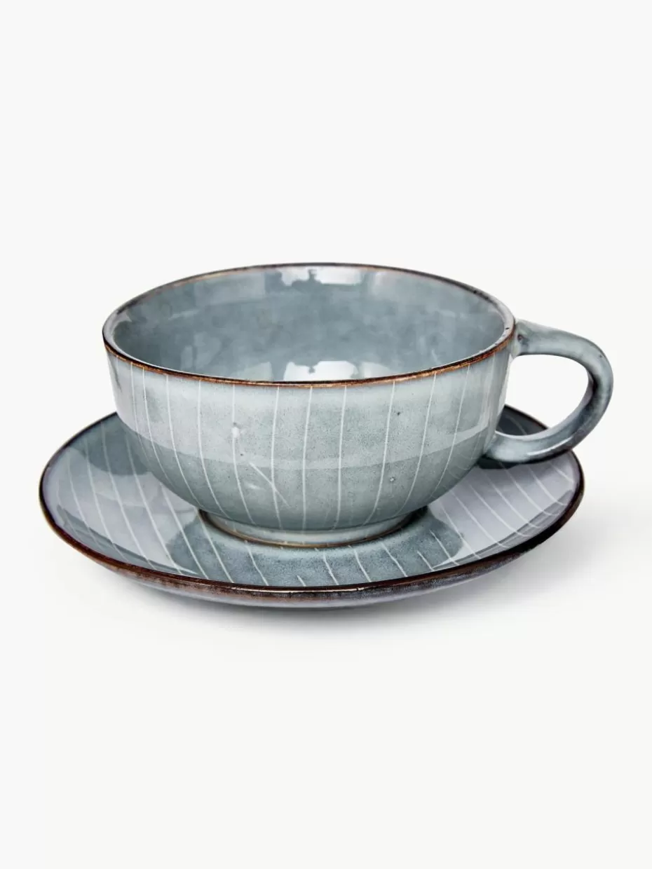 Tassen | Geschirrserien-Broste Copenhagen Handgemachte Teetasse Nordic Sea mit Untertasse Graublau, gesprenkelt