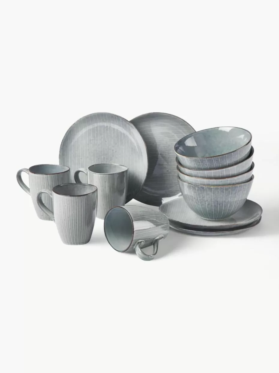 Geschirr-Sets | Geschirrserien-Broste Copenhagen Handgemachtes Frühstücks-Set Nordic Sea, 4 Personen (12-tlg.) Graublau, gesprenkelt