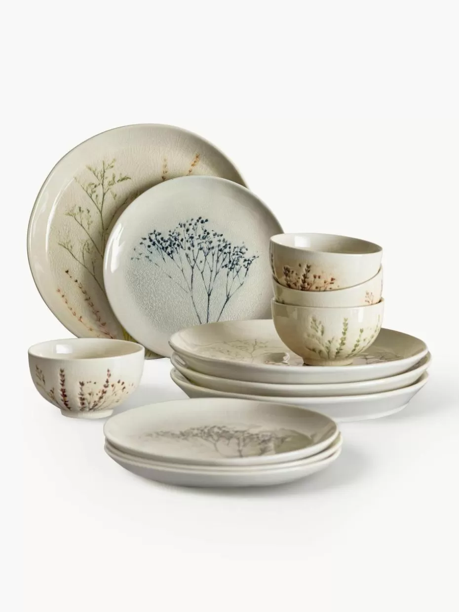 Geschirr-Sets-Bloomingville Handgemachtes Geschirr-Set Bea mit Gräser-Motiv, 4 Personen (12-tlg.)