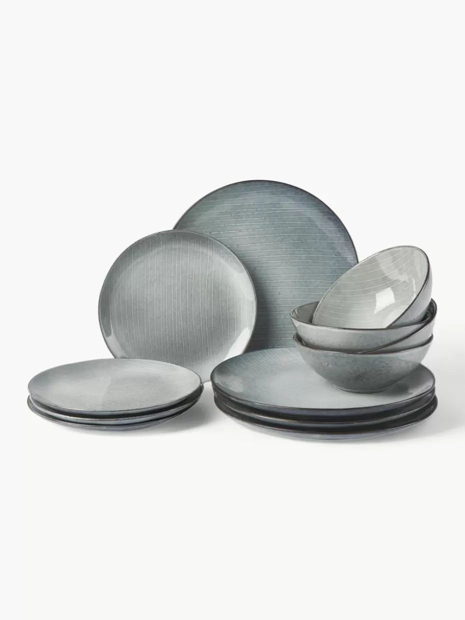 Geschirr-Sets | Geschirrserien-Broste Copenhagen Handgemachtes Geschirr-Set Nordic Sea, 4 Personen (12-tlg.) Graublau, gesprenkelt