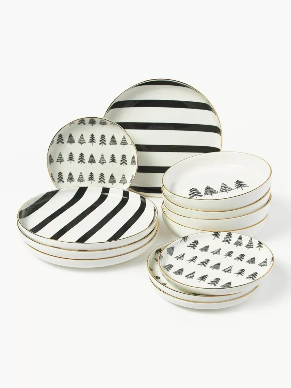 Weihnachtsgeschirr | Nordic Celebrations-Westwing Collection Handgemachtes Porzellan-Geschirr-Set Lumi, 4 Personen (12-tlg.)