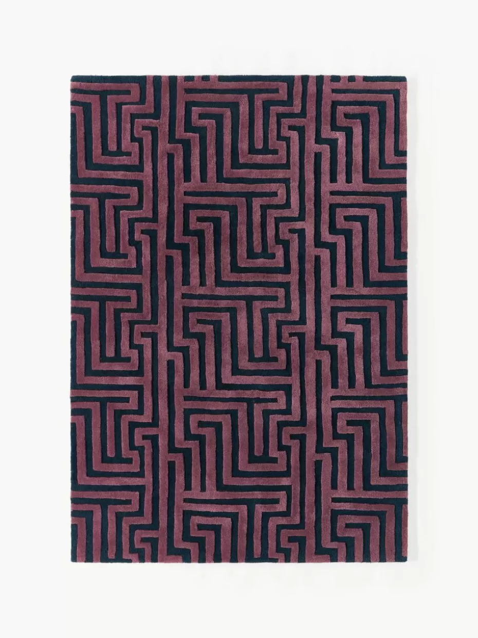Rechteckige Teppiche-Westwing Collection Handgetufteter Wollteppich Monty mit erhabener Hoch-Tief-Struktur Dunkelblau, Lila