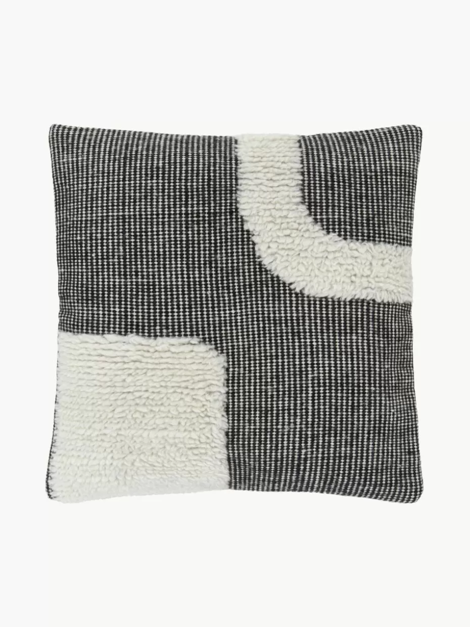 Dekokissen-Westwing Collection Handgewebte Kissenhülle Wool Schwarz, Cremeweiß