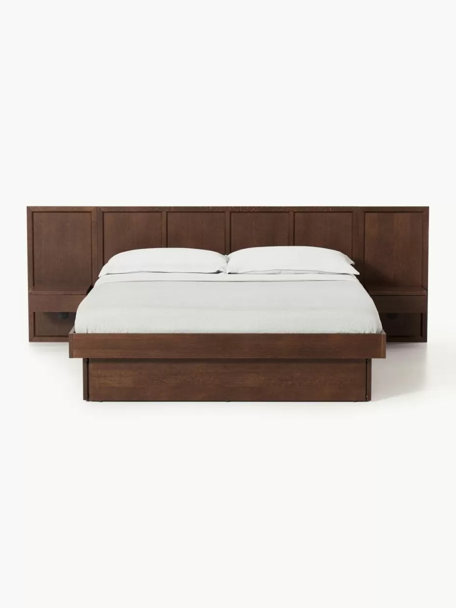 Betten-Westwing Collection Holzbett Nanto mit Schubladen und Kopfteil Eichenholz, dunkelbraun lackiert