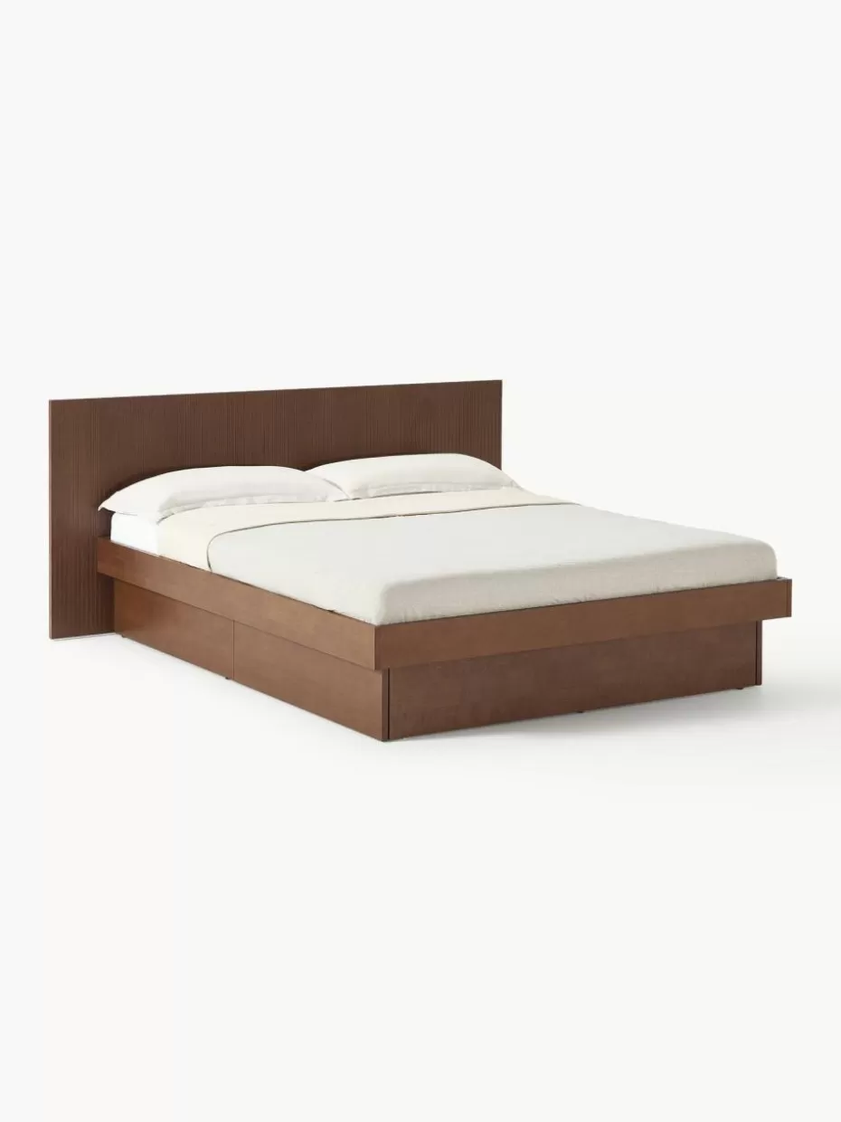 Betten-Westwing Collection Holzbett Sato mit Schubladen und Kopfteil Eichenholz, dunkelbraun lackiert