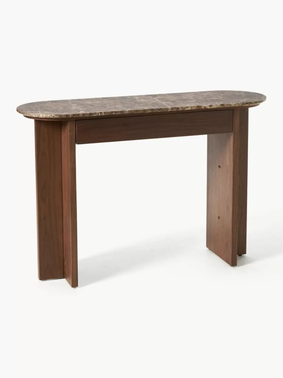 Konsolen-Westwing Collection Holz-Konsole Zumi mit Marmorplatte und Schublade Walnussholz lackiert, Braun marmoriert