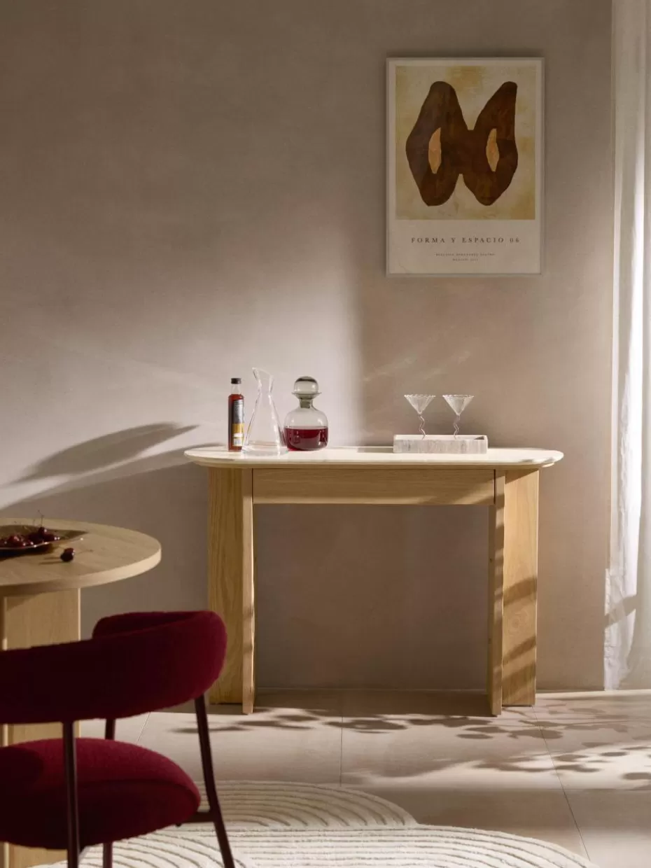 Konsolen-Westwing Collection Holz-Konsole Zumi mit Travertinplatte und Schublade Eichenholz, Travertin Beigetöne
