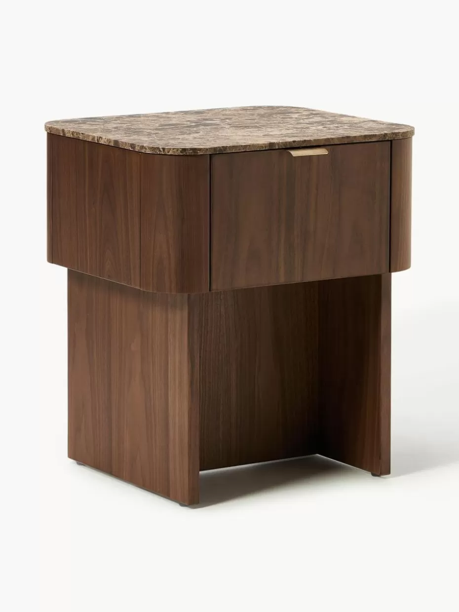 Nachttische-Westwing Collection Holz-Nachttisch Zumi mit Marmorplatte Walnussholz lackiert, Braun marmoriert