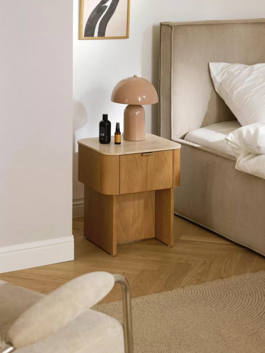 Nachttische-Westwing Collection Holz-Nachttisch Zumi mit Travertinplatte Eichenholz, Travertin Beigetöne