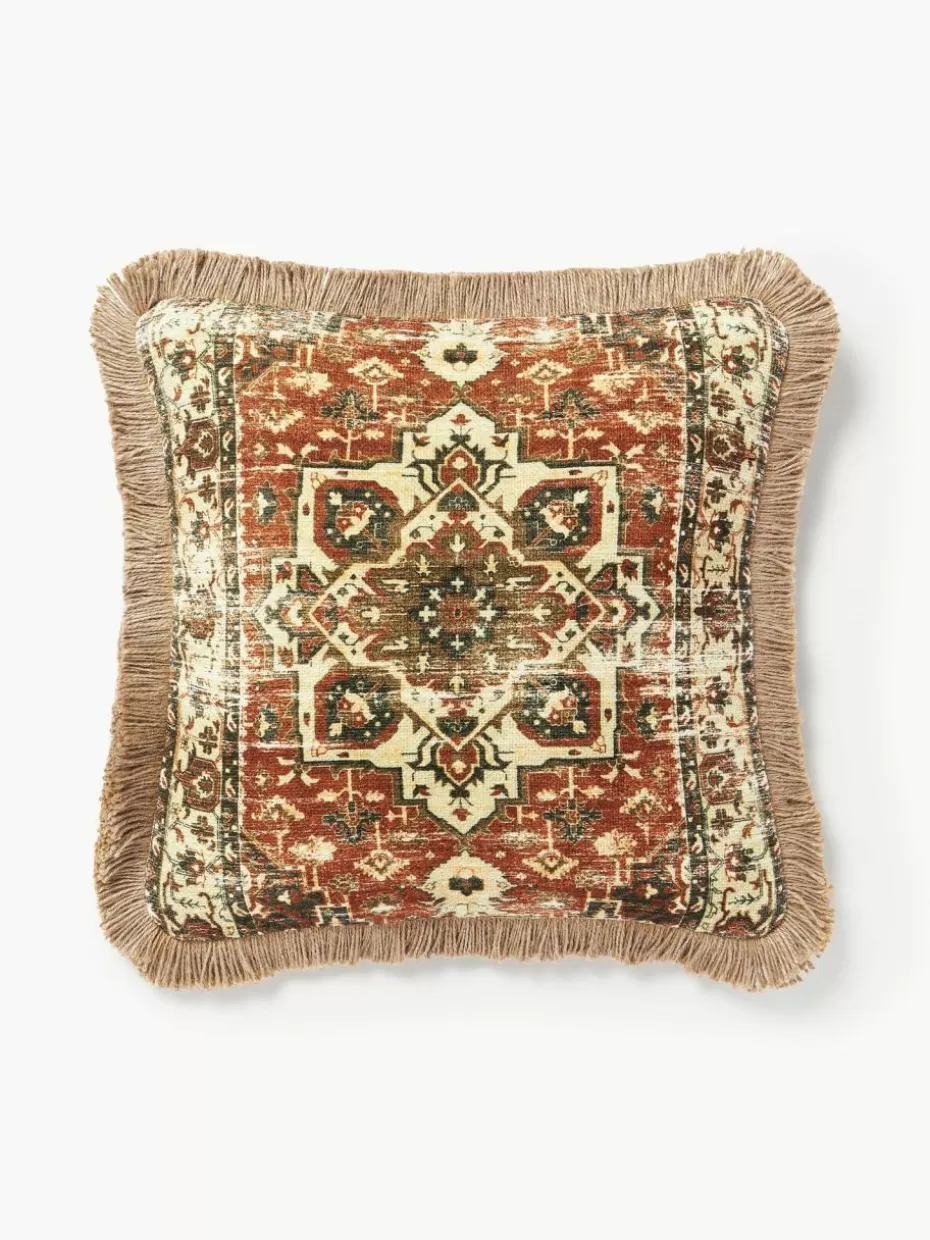 Dekokissen-Westwing Collection Jute-Kissenhülle Nario mit Fransen Rostrot, Bunt