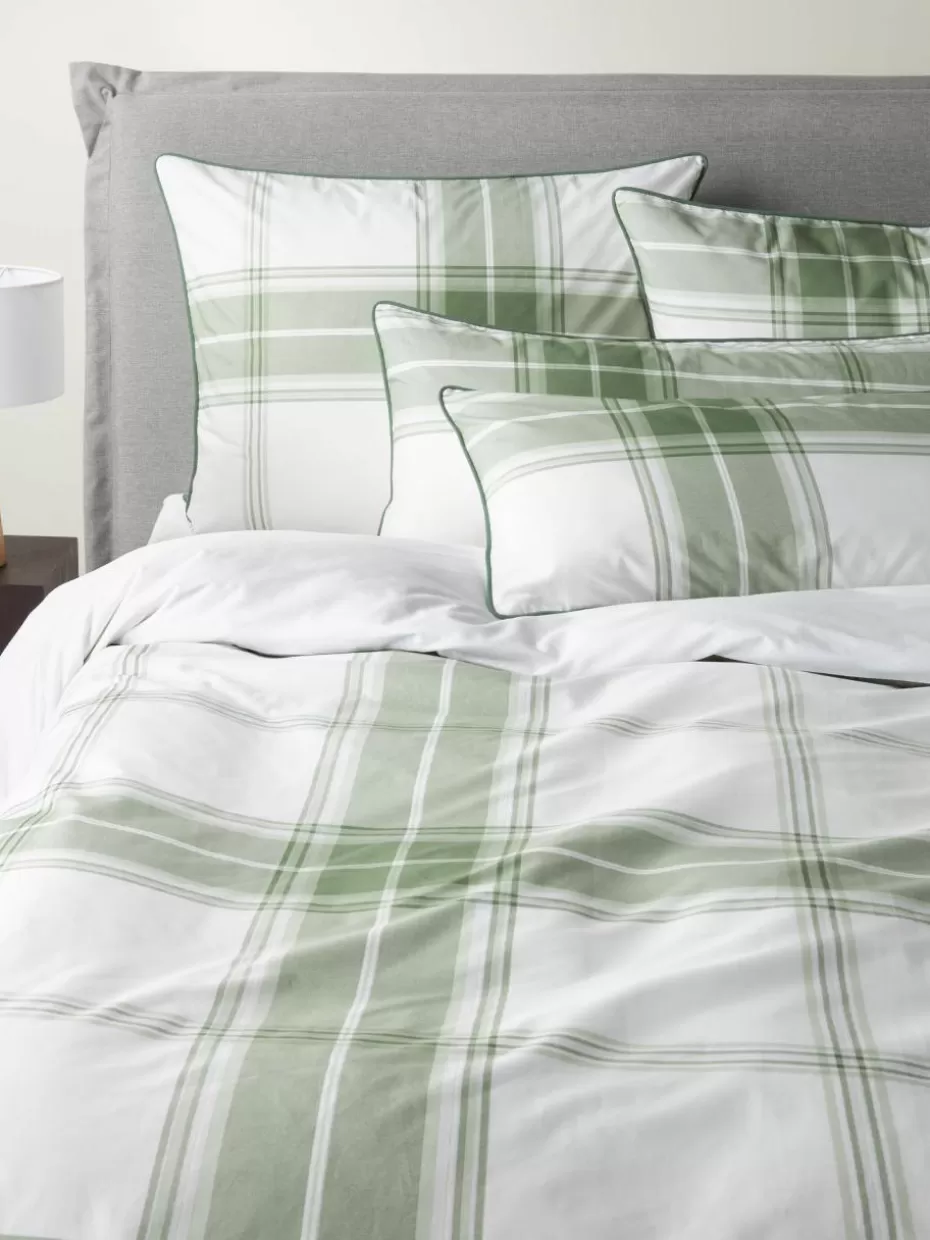 Weihnachtsbettwäsche | Bettwäsche-Westwing Collection Karierter Baumwollperkal-Bettdeckenbezug Scarlet mit Keder Grün, Weiß