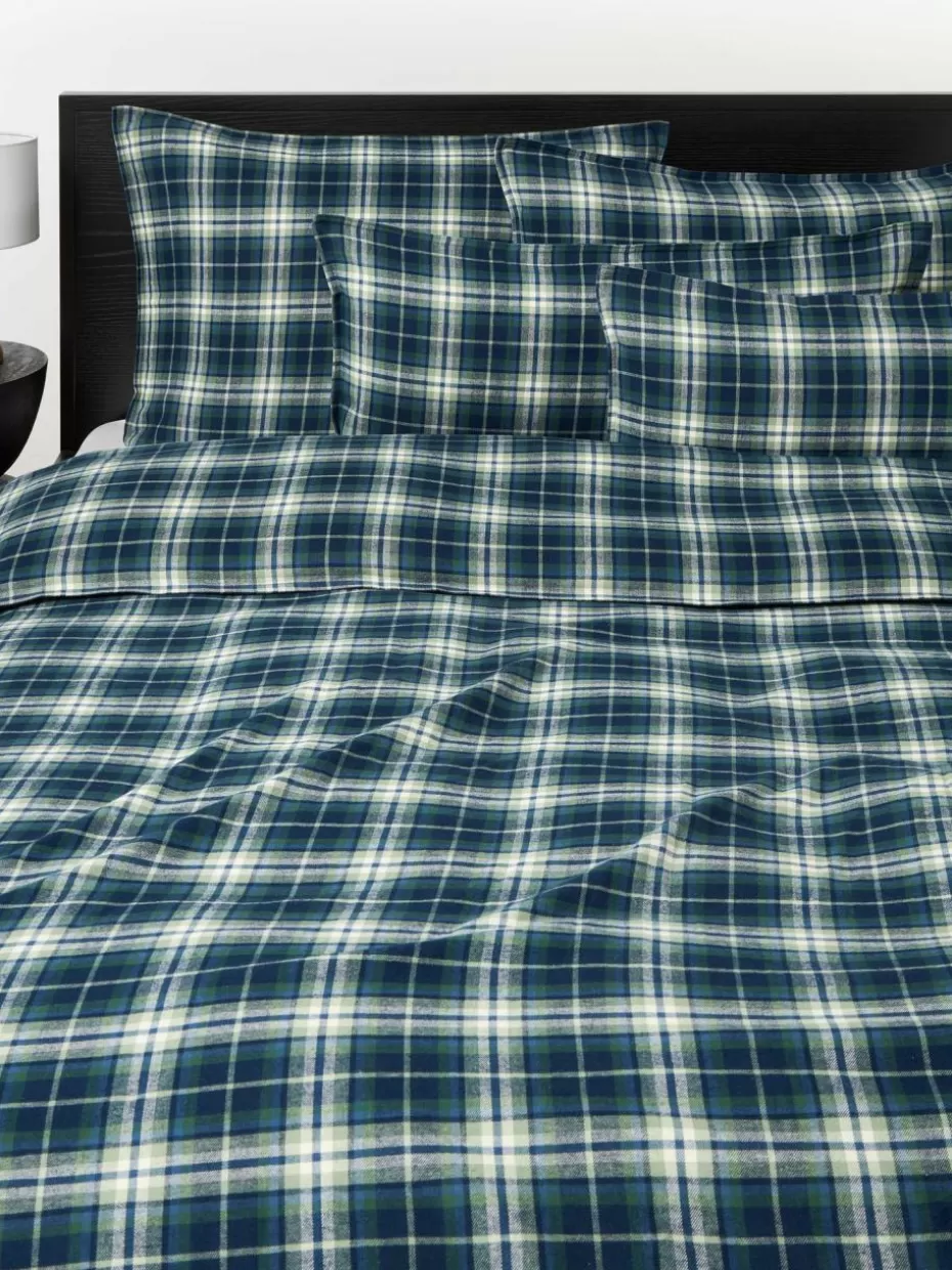 Weihnachtsbettwäsche | Bettwäsche-Westwing Collection Karierter Flanell-Bettdeckenbezug Macy Dunkelblau, Grün