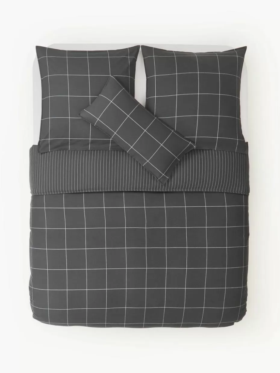 Weihnachtsbettwäsche | Bettwäsche-Westwing Collection Karierter Flanell-Wendebettdeckenbezug Noelle aus Baumwolle Anthrazit, Weiß