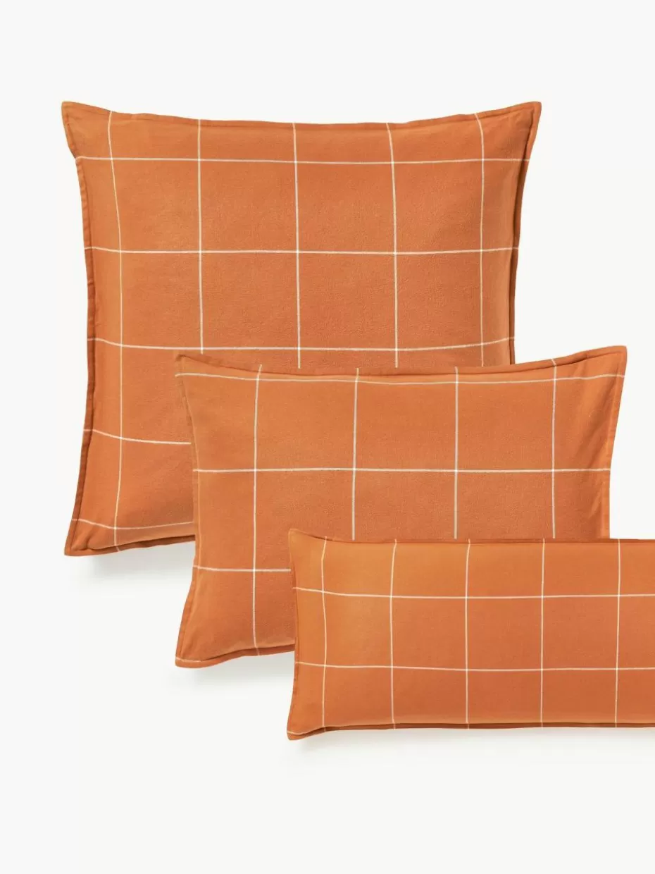 Kopfkissenbezüge-Westwing Collection Karierter Flanell-Wendekopfkissenbezug Noelle aus Baumwolle Orange, Weiß