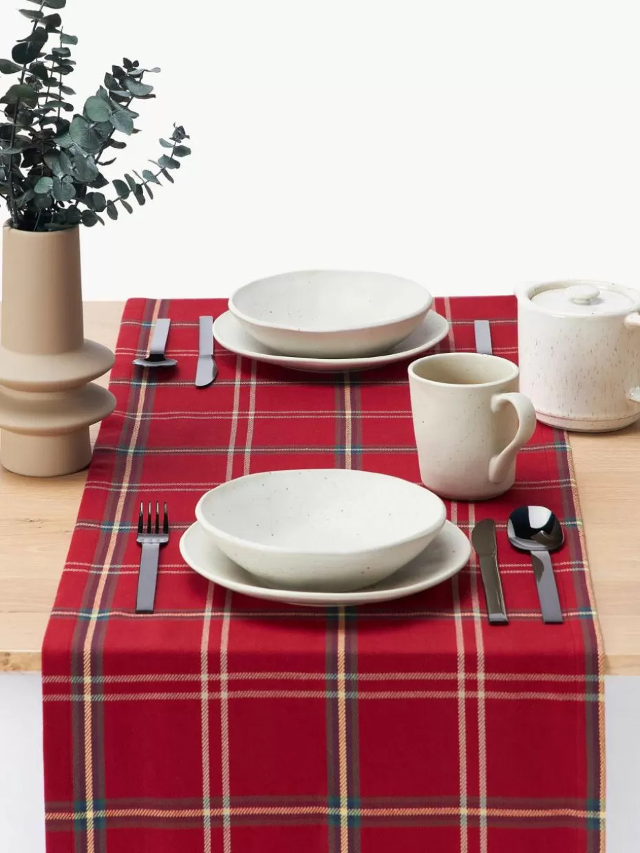 Weihnachtstischwäsche | Family Holidays-Westwing Collection Karierter Tischläufer Aster Rot, Dunkelgrün, Off White