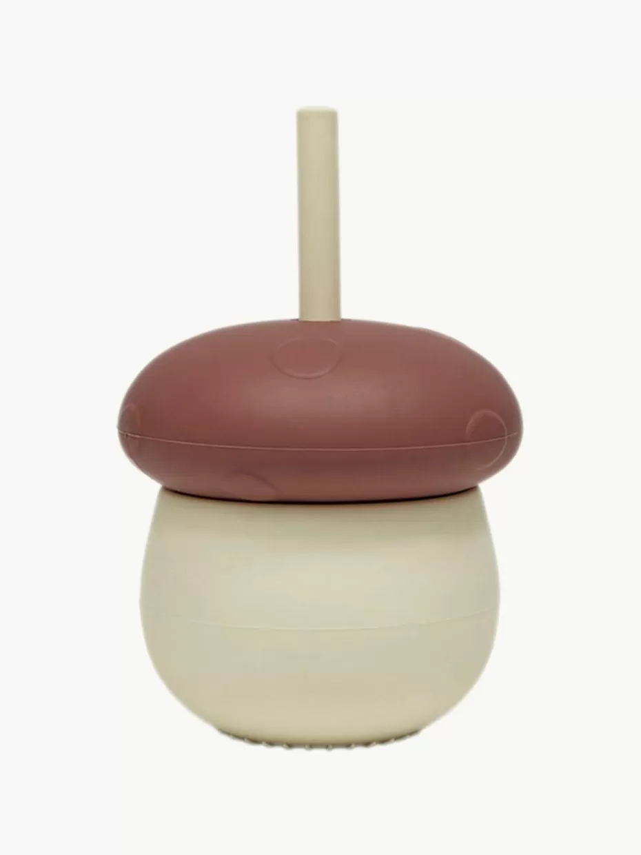 Kindergeschirr-Oyoy Living Design Kinderbecher Mushroom mit Strohhalm Hellbeige, Weinrot