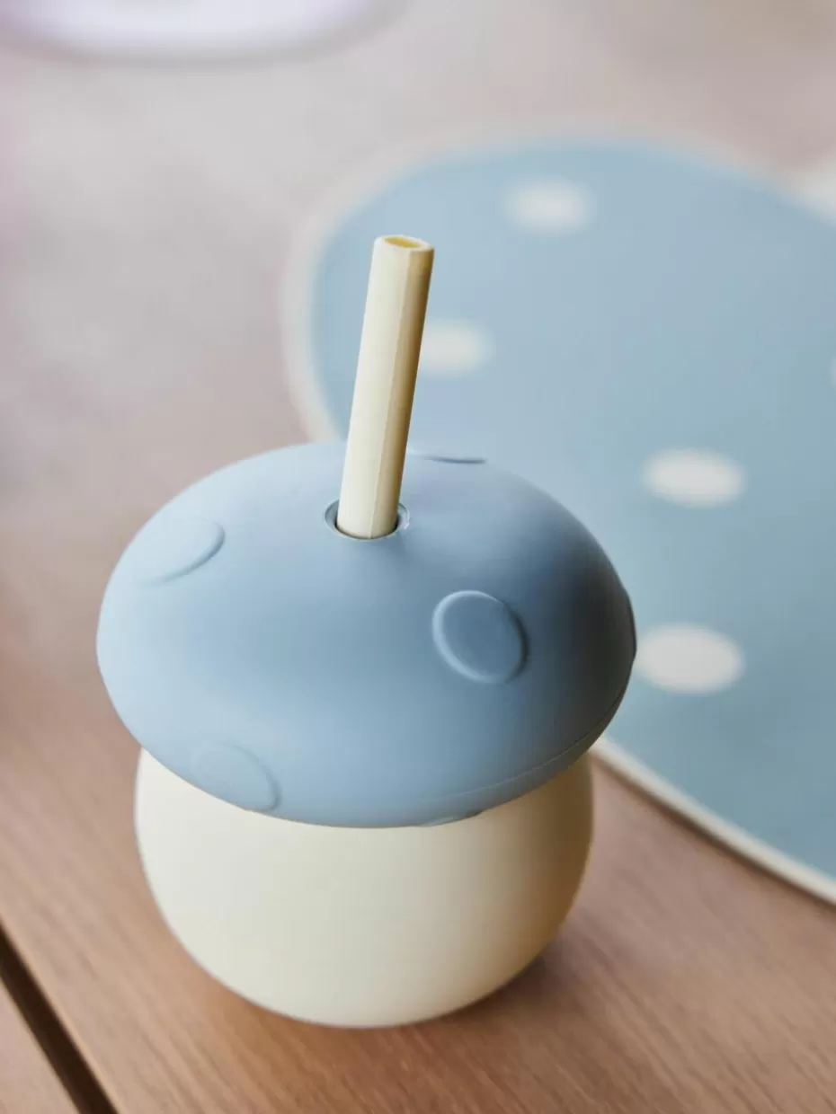 Kindergeschirr-Oyoy Living Design Kinderbecher Mushroom mit Strohhalm Hellbeige, Graublau
