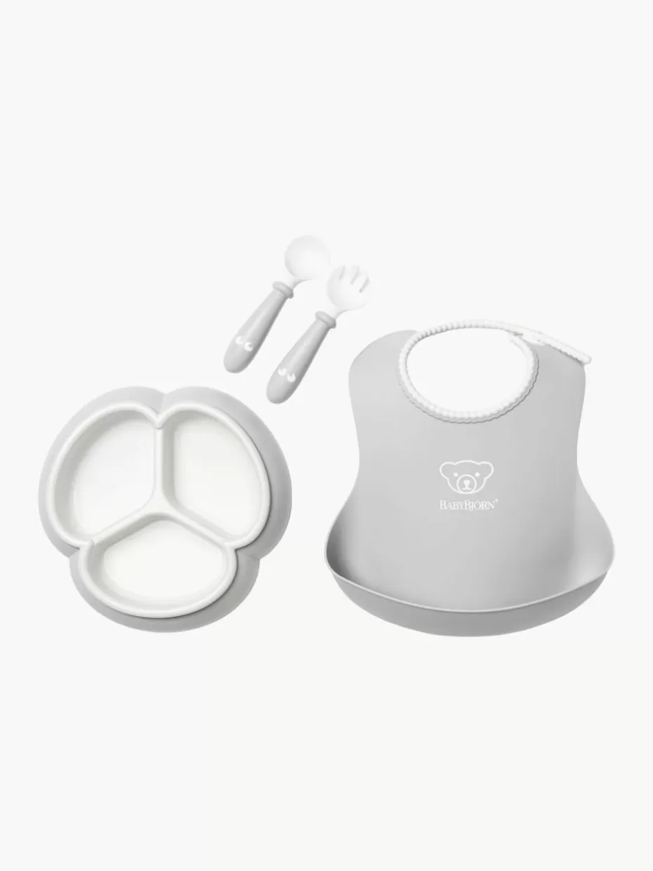 Tischsets & Lätzchen-BabyBjörn Kindergeschirr Bliss mit Lätzchen, 4er-Set Hellgrau, Weiß