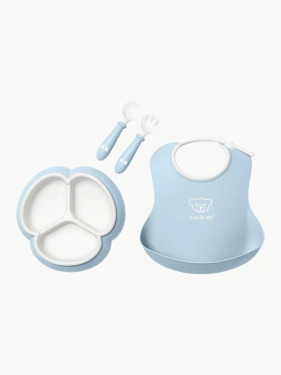 Tischsets & Lätzchen-BabyBjörn Kindergeschirr Bliss mit Lätzchen, 4er-Set Hellblau, Weiß