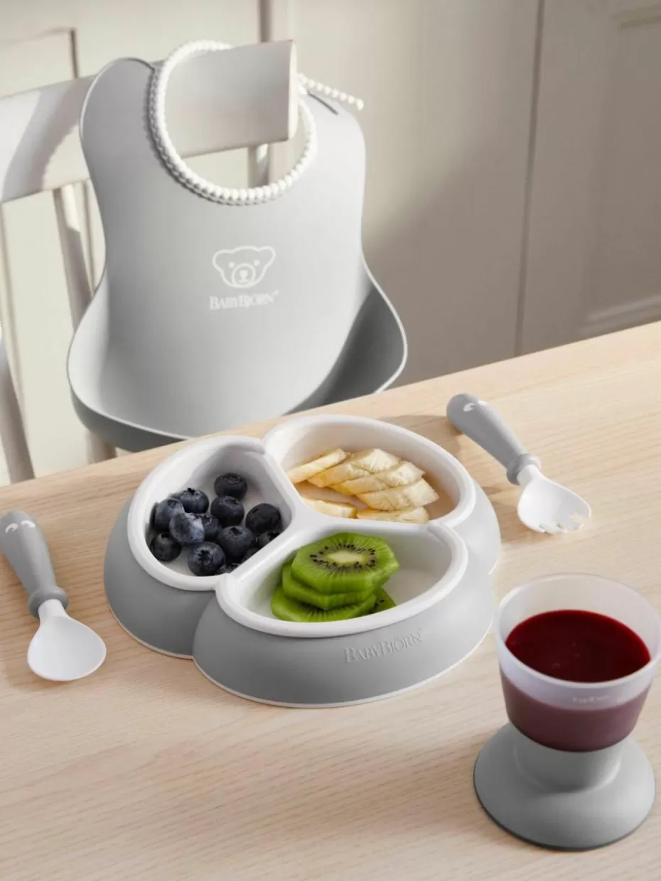 Tischsets & Lätzchen-BabyBjörn Kindergeschirr Bliss mit Lätzchen, 4er-Set Hellgrau, Weiß