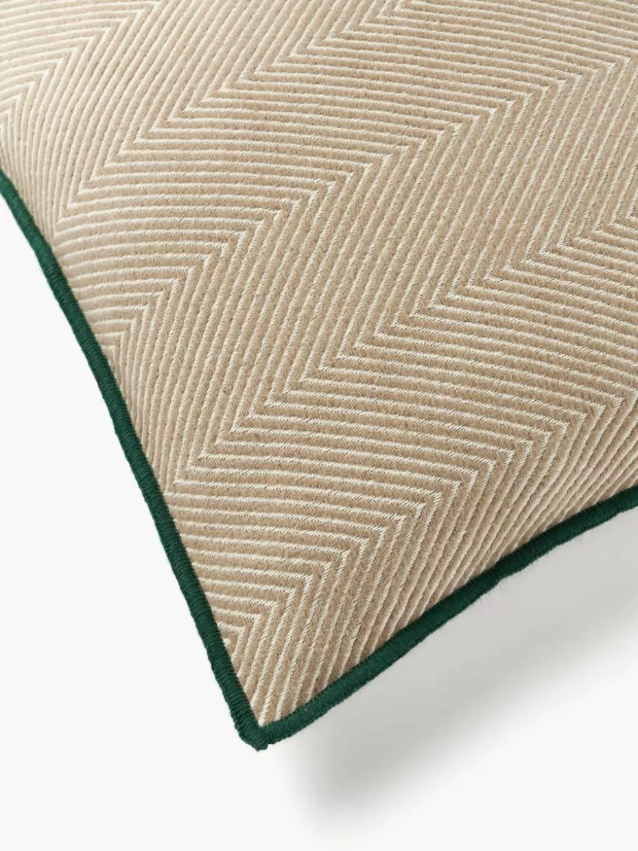 Dekokissen-Westwing Collection Kissenhülle Agatha mit Fischgrätmuster Hellbeige, Dunkelgrün