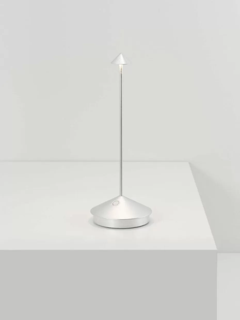 Outdoor Tischlampen | Led-Tischleuchten-Zafferano Kleine mobile LED-Tischlampe Pina, dimmbar Silberfarben