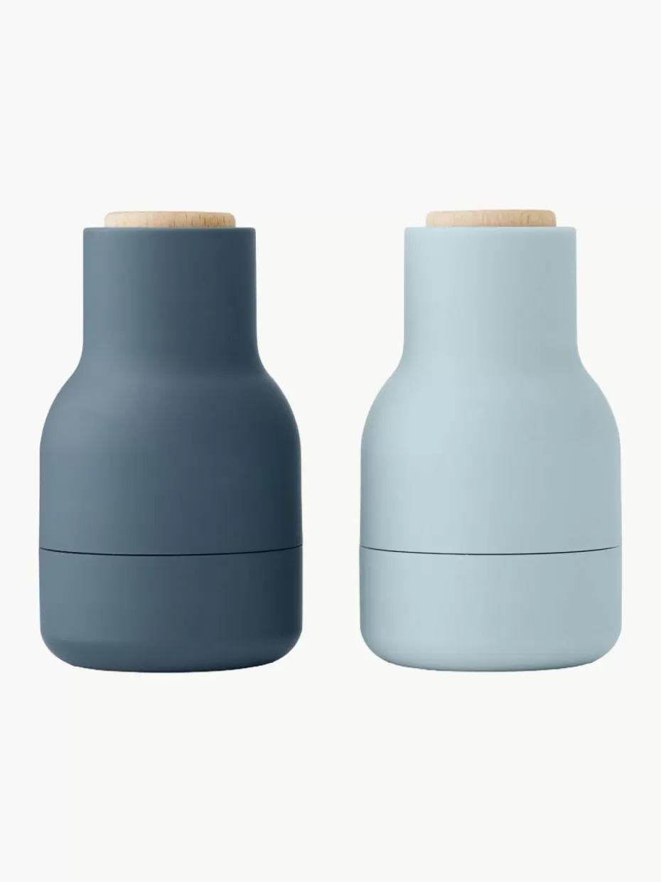 Gewürzmühlen-Audo Copenhagen Kleine Salz- & Pfeffermühle Bottle Grinder mit Buchenholzdeckel, 2er-Set Dunkelblau, Hellblau, Buchenholz