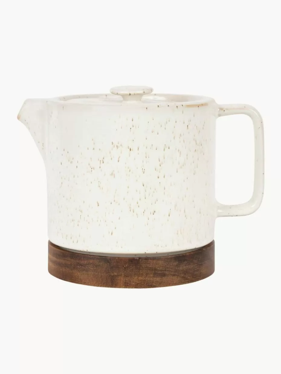 Kannen & Karaffen-Westwing Kleine Teekanne Nordika mit Akazienholzsockel, 700 ml Off White gesprenkelt, Akazienholz