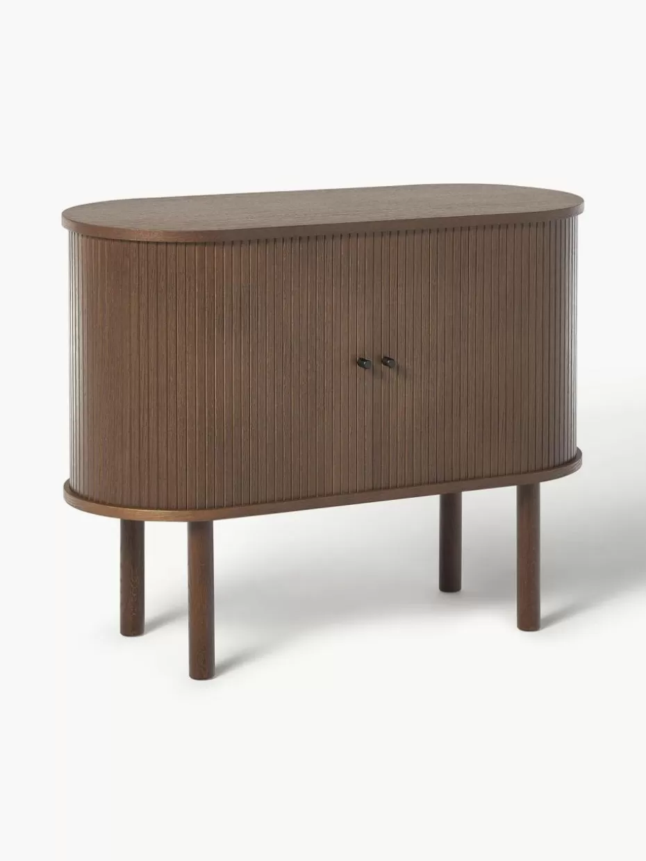 Kommoden & Sideboards | Schuhschränke & Schuhregale-Westwing Collection Kleines Sideboard Calary mit geriffelter Front Eichenholz, dunkelbraun lackiert