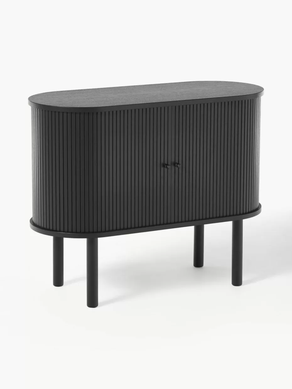 Kommoden & Sideboards | Schuhschränke & Schuhregale-Westwing Collection Kleines Sideboard Calary mit geriffelter Front Eichenholz, schwarz lackiert
