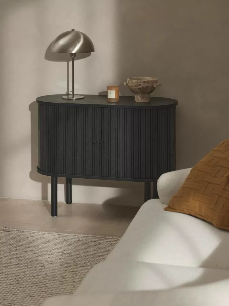 Kommoden & Sideboards | Schuhschränke & Schuhregale-Westwing Collection Kleines Sideboard Calary mit geriffelter Front Eichenholz, schwarz lackiert