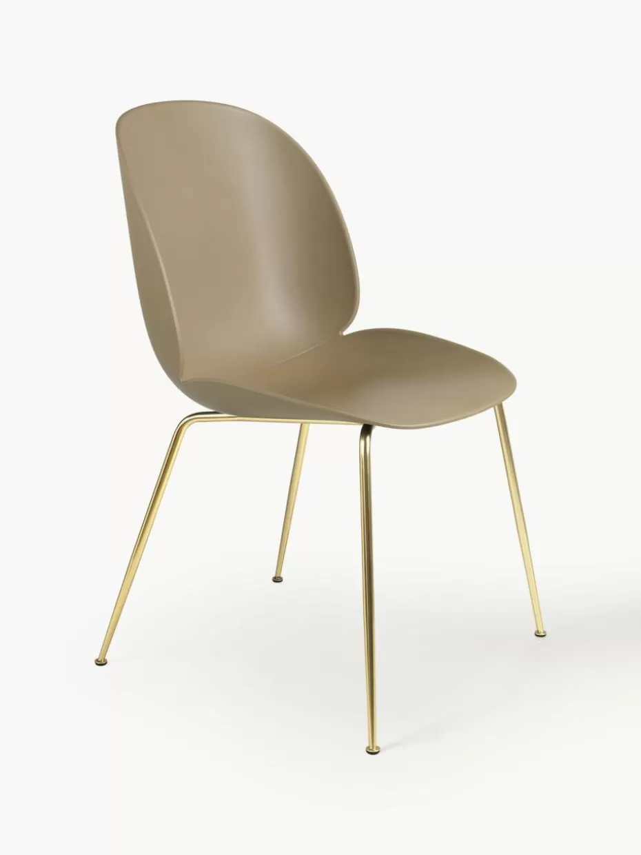 Stühle-GUBI Kunststoffstuhl Beetle Beige, Goldfarben glänzend