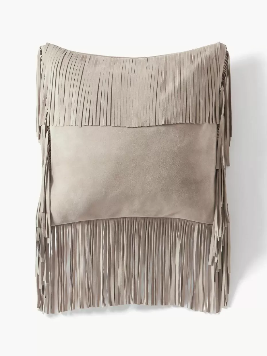 Dekokissen-Westwing Collection Leder-Kissenhülle Amaia mit Fransen Beige
