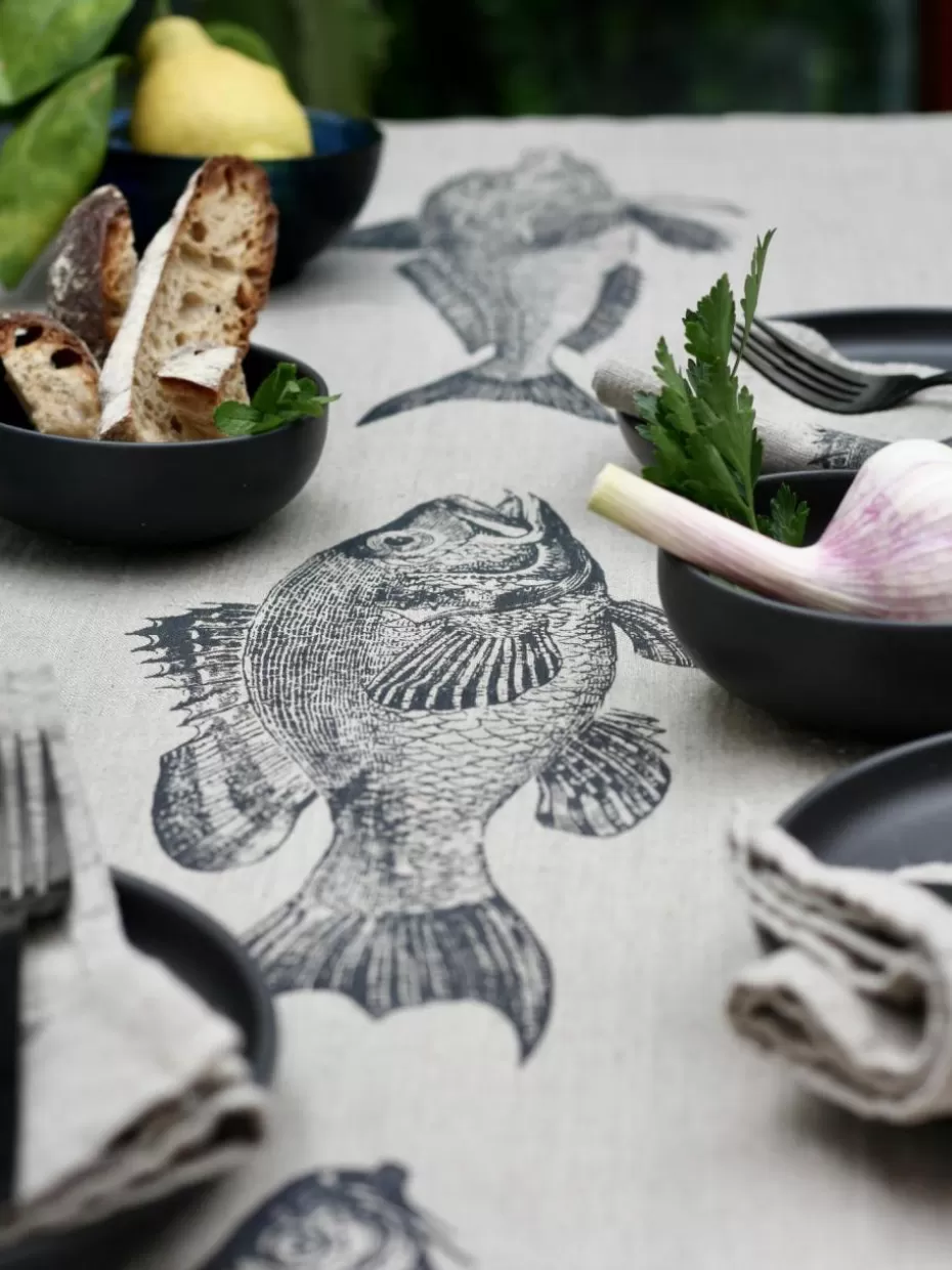 Tischläufer | Tischläufer-Frohstoff Leinen-Tischläufer Fish, handbedruckt